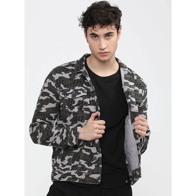 HIGHLANDER Men Olive Green Camouflage Printed Tailored Jacket (L)