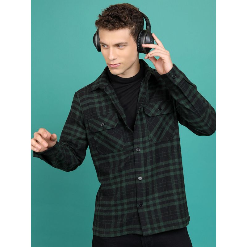 HIGHLANDER Men Checked Spread Collar Long Sleeves Flannel Checked Shacket (L)