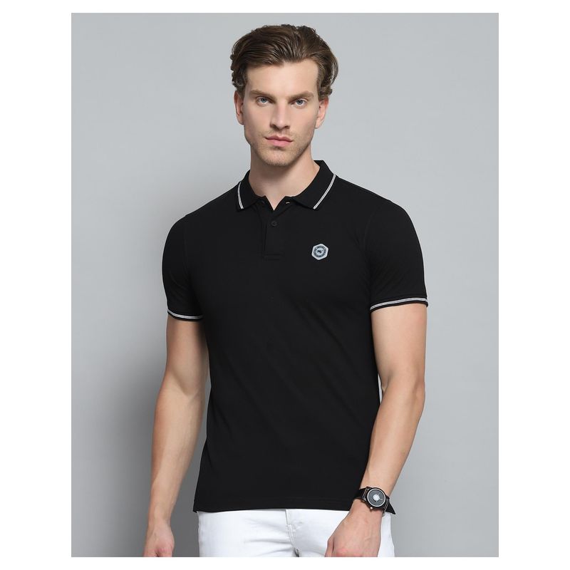 Monte Carlo Mens Solid Black Collar Neck Half Sleeve Polo T-shirt (L)