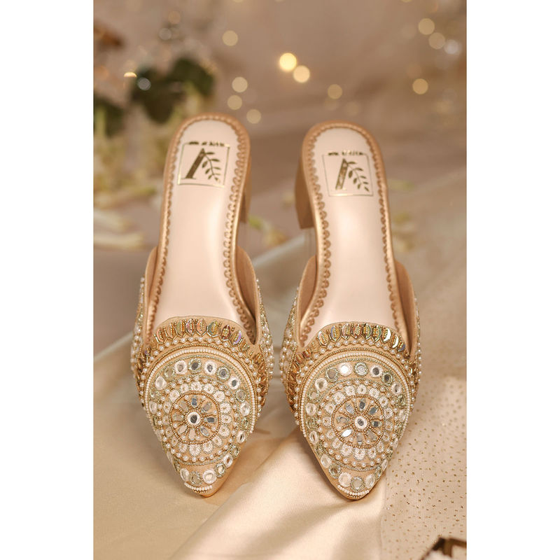 House of Vian Jharokha Gold Embroidered Mule Heels (EURO 38)