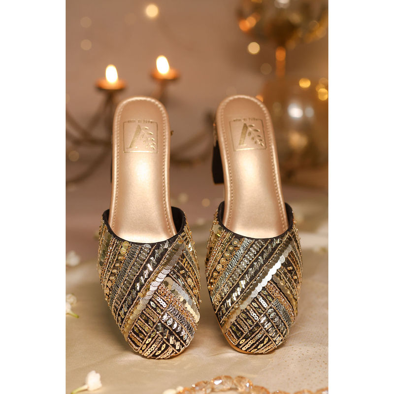 House of Vian Naaz Black Embroidered Mule Heels (EURO 37)