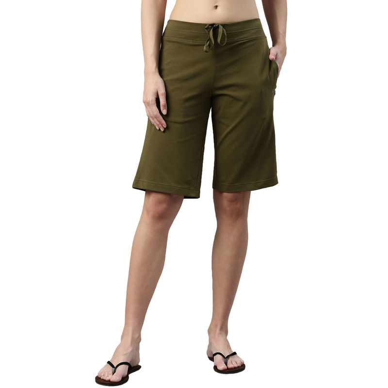 Enamor Essentials Womens E044-Mid Rise Slim Fit Knee Length City Shorts-Army - Green (M)
