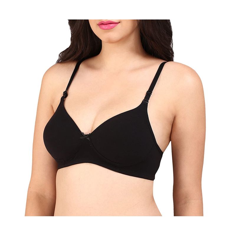 Bralux Women's Bra, B Cup Cotton Non-wired Thin Padded Bra With Transparent Strap - Black (36B)
