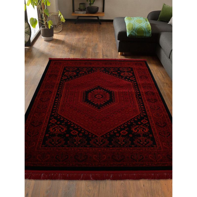 OBSESSIONS Red and Black Polypropylene Machine Made Classical Carpet (4X6 Feet)