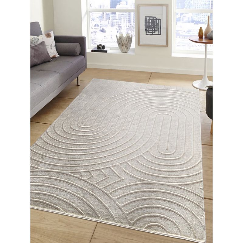 OBSESSIONS Stone Polyester Machine Made Abstract Carpet (4X6 Feet)