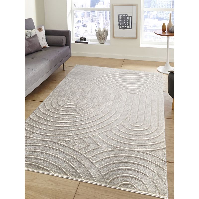 OBSESSIONS Beige Polyester Machine Made Abstract Carpet (4X6 Feet)