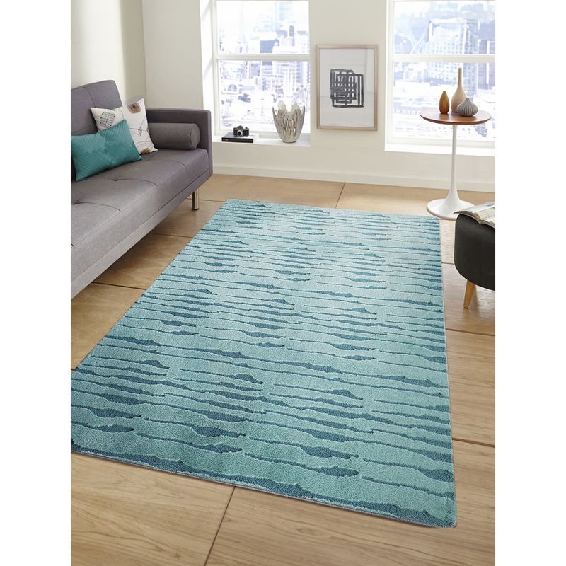 OBSESSIONS Teal Polyester Machine Made Solid Carpet (4X6 Feet)