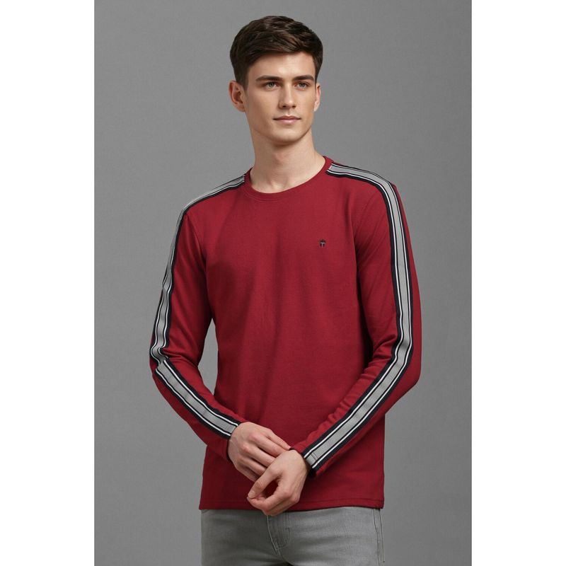Louis Philippe Men Red Textured Crew Neck T-Shirt (S)