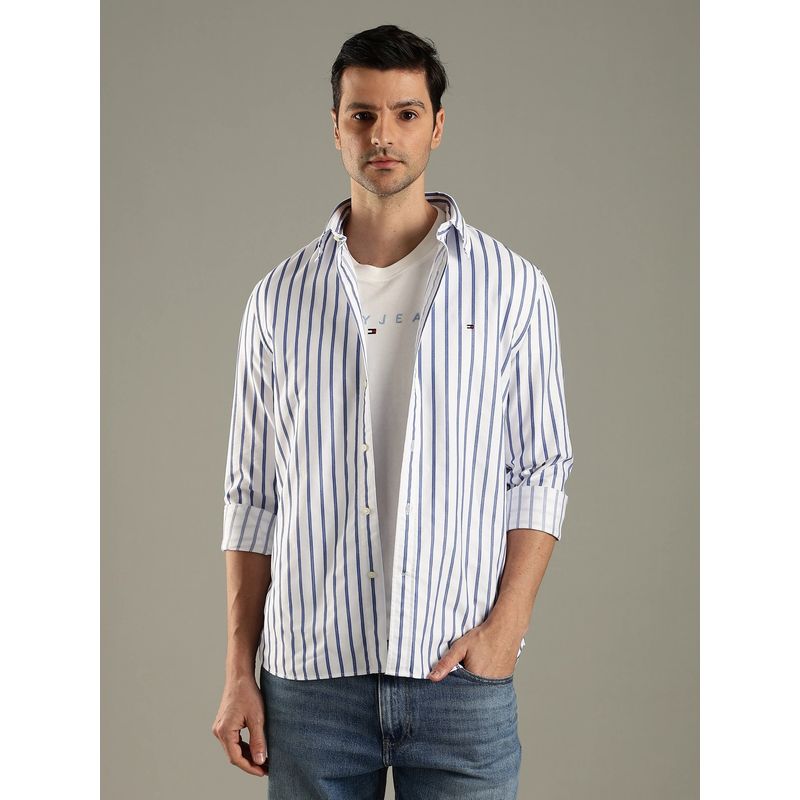 Tommy Hilfiger Men White Striped Regular Fit Shirt (XL)