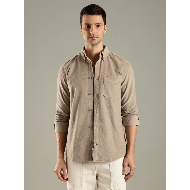Tommy Hilfiger Men Beige Textured Regular Fit Cotton Shirt (XS)