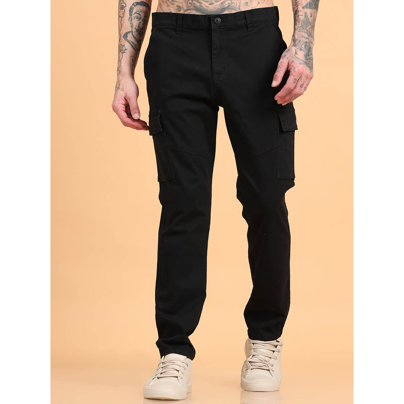 SILISOUL Black Solid Relaxed Fit Cargo Pant (34)