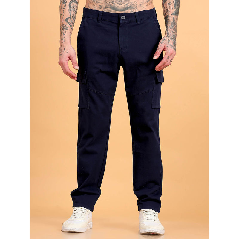 SILISOUL Navy Blue Solid Relaxed Fit Cargo Pant (30)
