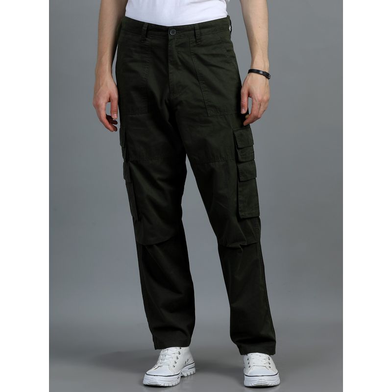 SILISOUL Olive Solid Relaxed Fit Cargo Pant (34)
