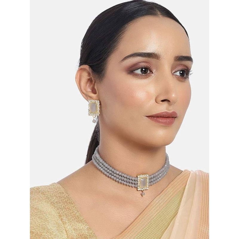 18k Gold Plated Traditional Peach Pearl & Kundan Studded Choker Necklace Jewellery Set For Women/Girls