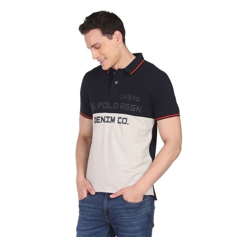 U.S. Polo Assn. Denim Co. Men Navy Blue Blue & Off White Brand Print Cotton Polo T-Shirt (M)