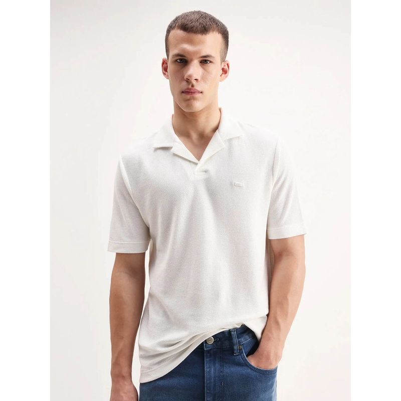 Rare Rabbit Men Off White Cotton Blend Polo T-Shirt (L)