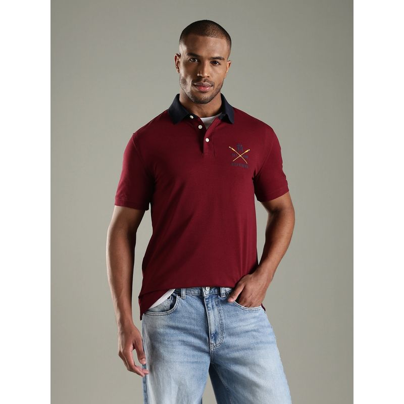 Tommy Hilfiger Men Burgundy Cotton Polo T-Shirt (M)