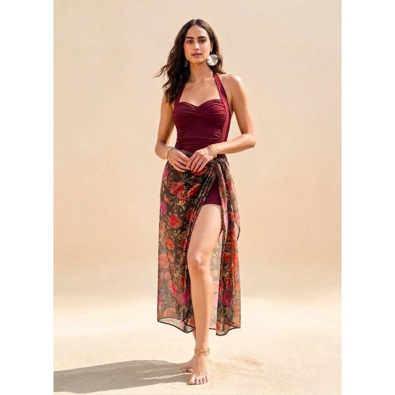 WomanLikeU Padded Monokini With Floral Printed Sarong (Pack of 2) (2XL)