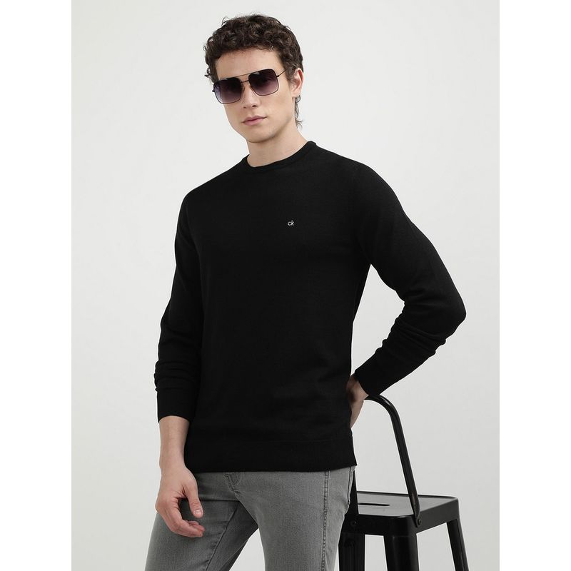 Calvin Klein Solid Regular Fit Black Cotton Sweater (S)