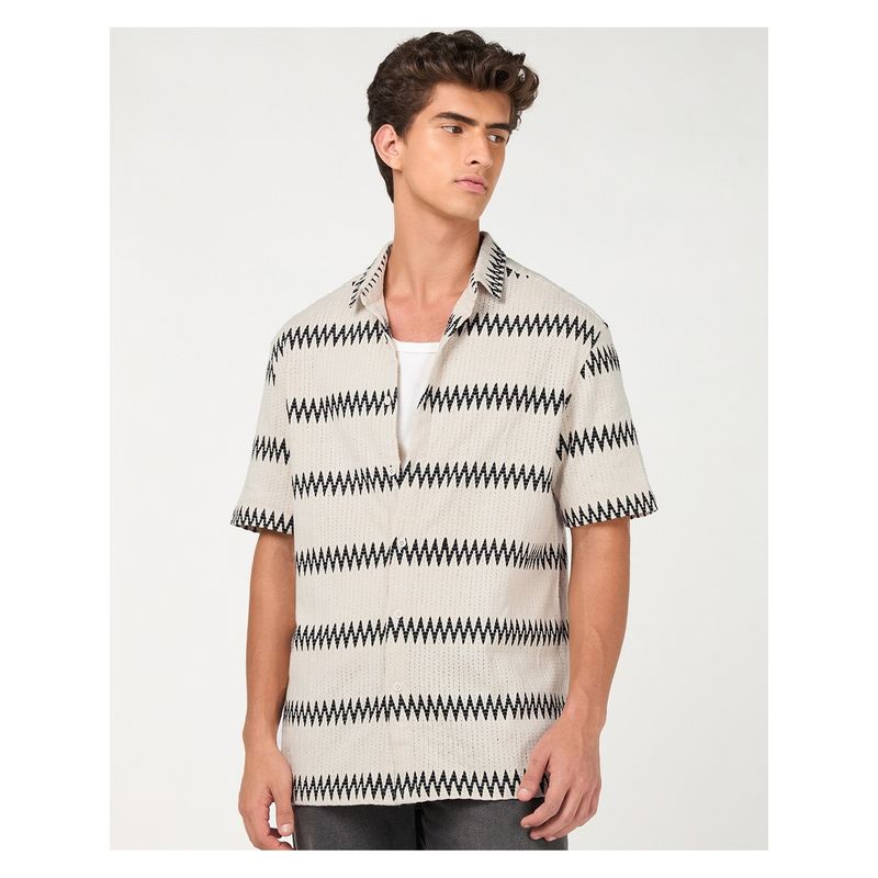 Bewakoof Men's Off White Textured Oversized Shirt (S)