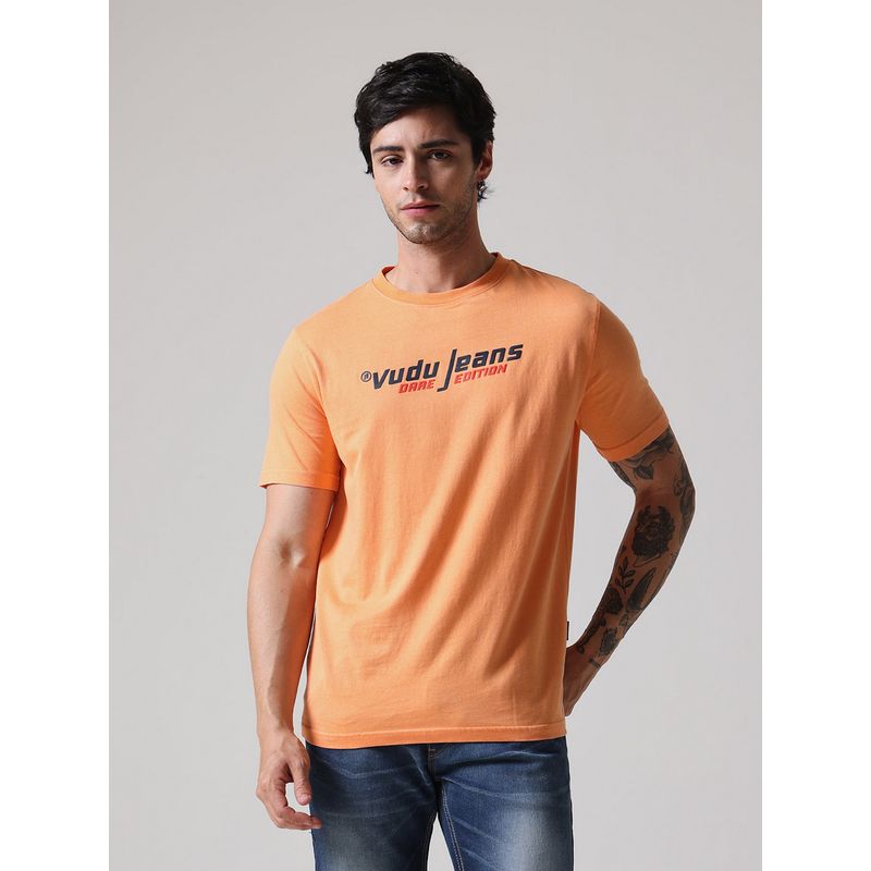 VUDU Orange Regular Fit Hd Print Pigment Dyed T-Shirt (S)