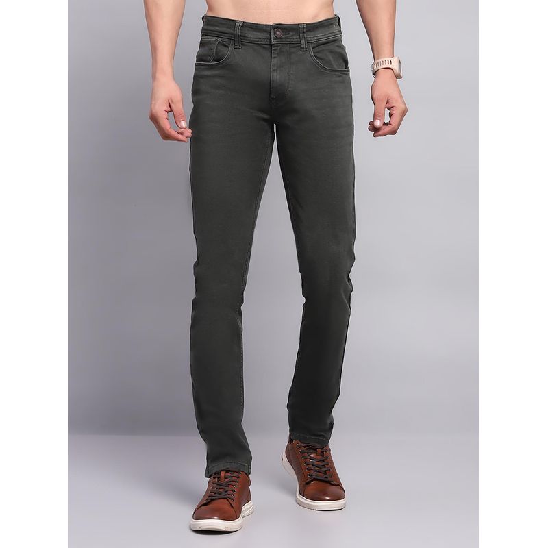 Monte Carlo Men Solid Olive Denim Skinny Jeans (38)