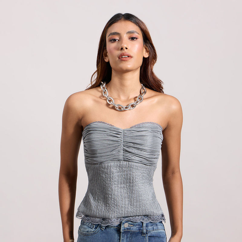 MIXT by Nykaa Fashion Grey Lace Detail Bodycon Tube Top (XS)