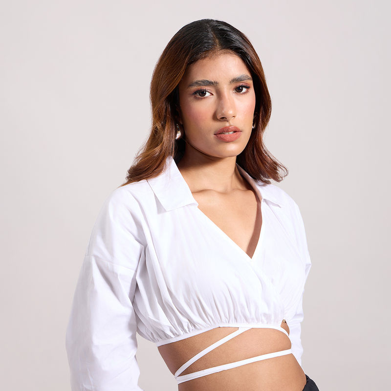 MIXT by Nykaa Fashion White Solid Full Sleeves Tie Up Crop Shirt (XS)