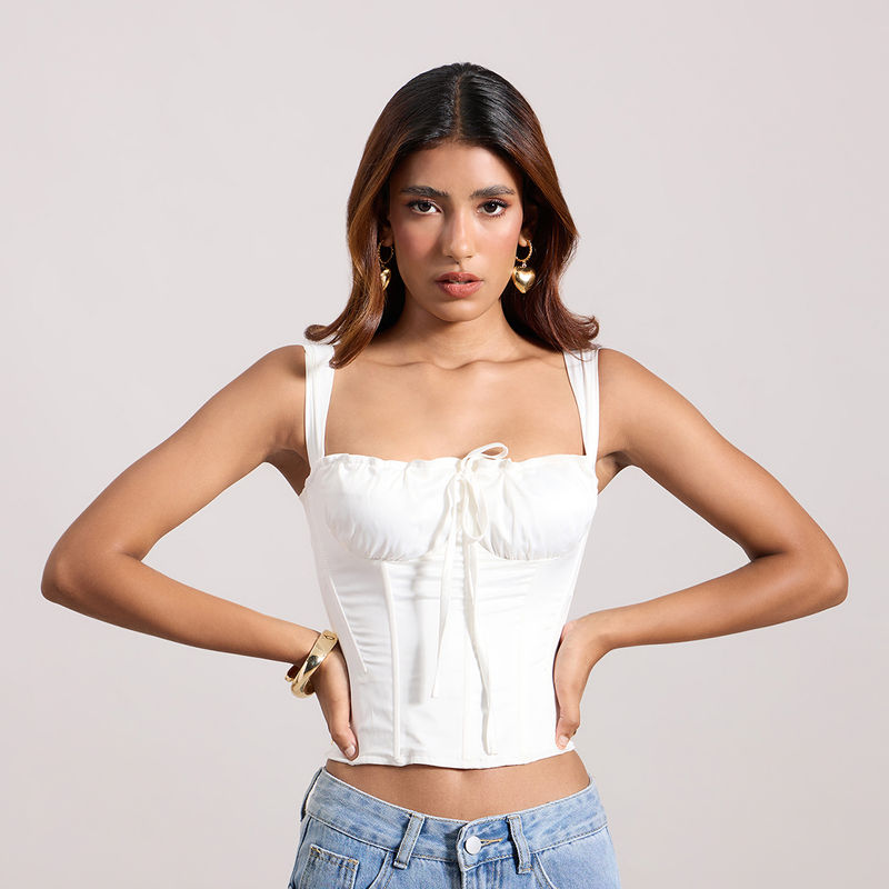 MIXT by Nykaa Fashion White Solid Satin Square Neck Ruched Corset Top (M)