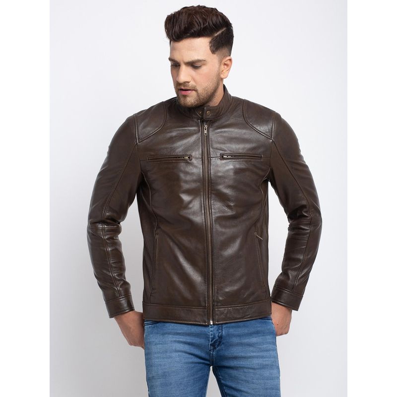 Teakwood Men Brown Solid Lightweight Genuine Leather Jacket (2XL)
