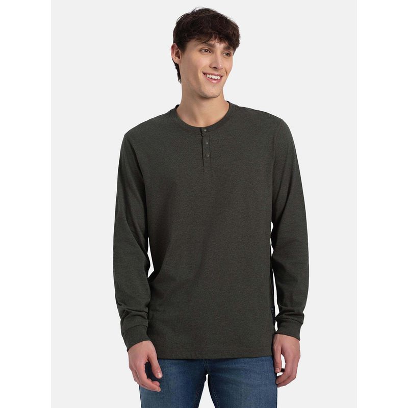 Jockey US87 Men Super Combed Cotton Rich Solid Henley T-Shirt - Olive Melange (M)