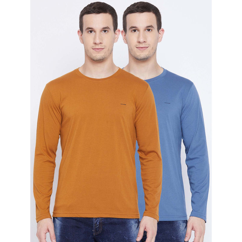 Okane Mens Tan M.Blue Polyester Cotton Solid Round Neck T-Shirt (Pack of 2)