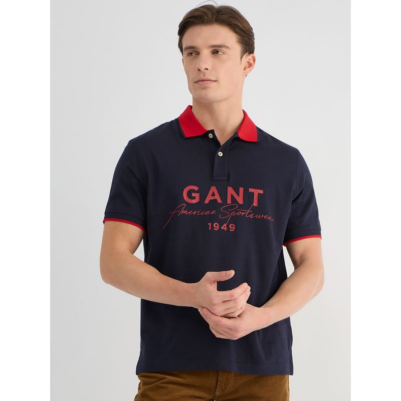 GANT Men Blue Pure Cotton Polo T-Shirt (XL)