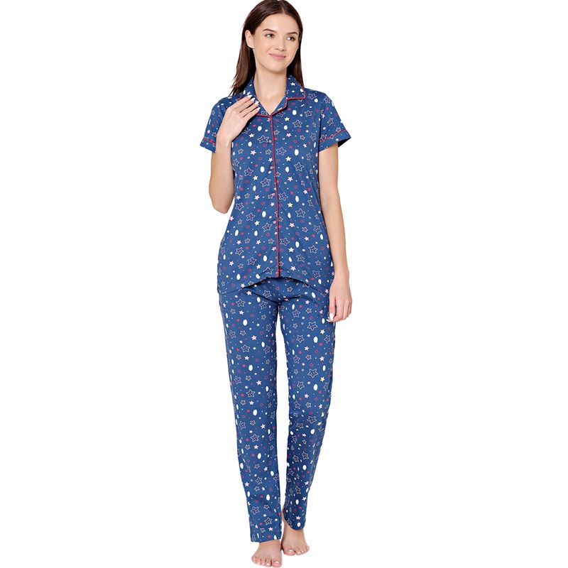 Bodycare Womens Cotton Printed Night Suit of Shirt & Pyjama -BSNS18008 Blue (Set of 2) (M)