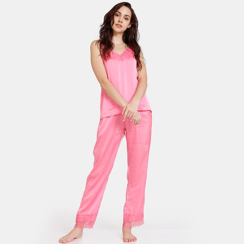 Zivame Paradise Garden Woven Pyjama Set - Pink Lemonade (XL)