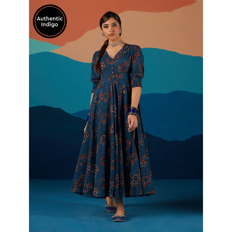 Likha Blue Indigo Saga Pure Cotton Authentic Hand Block Print & Mirror work Umbrella Cut Dress (L)