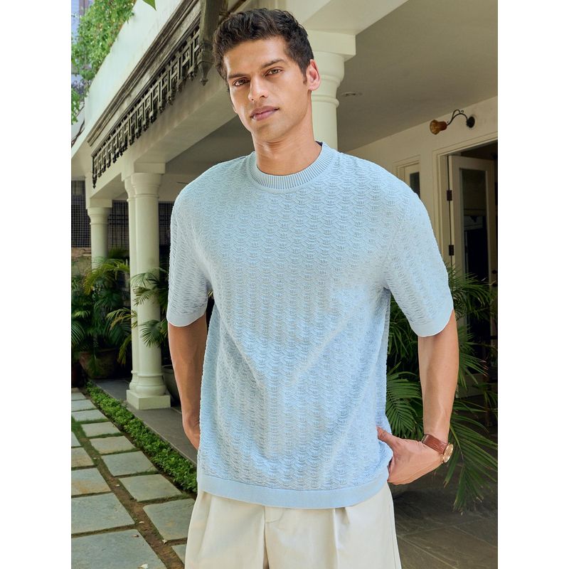 Andamen Men Textured Cotton Relaxed Fit Crew Neck Blue T-Shirt (S)