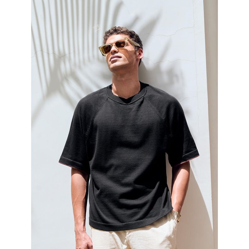 Andamen Men Structure Cotton Relaxed Fit Crew Neck Black T-Shirt (S)