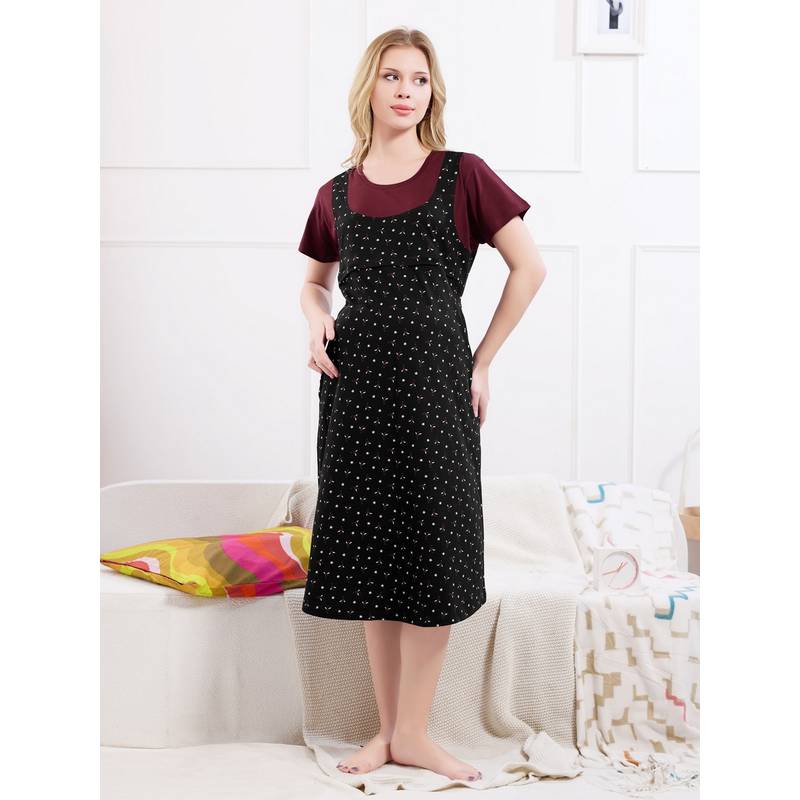 Quira Women Hosiery Printed Black Maternity Nighty (L)
