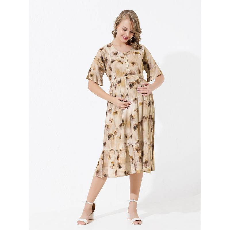 Quira Knee-Length Long Gold Maternity Dress (M)