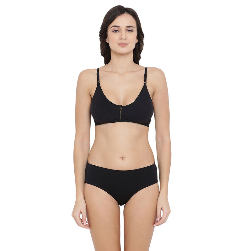 Clovia Cotton Non-Padded Non-Wired Full Cup Bra & Mid Waist Hipster Panty - Black (40B)