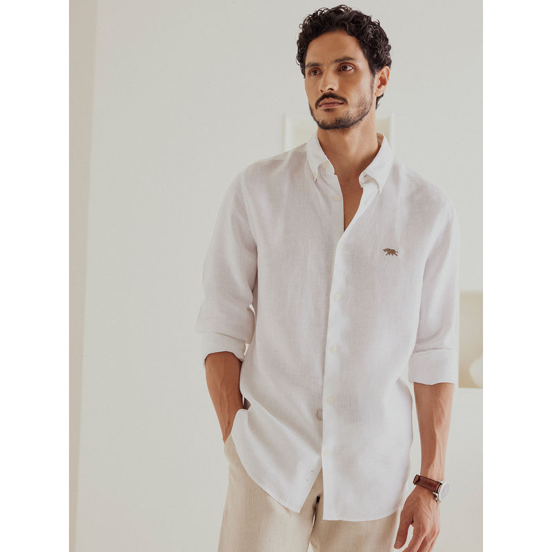 Andamen Men White Solid Slim Fit Collar Neck Linen Casual Shirt (S)