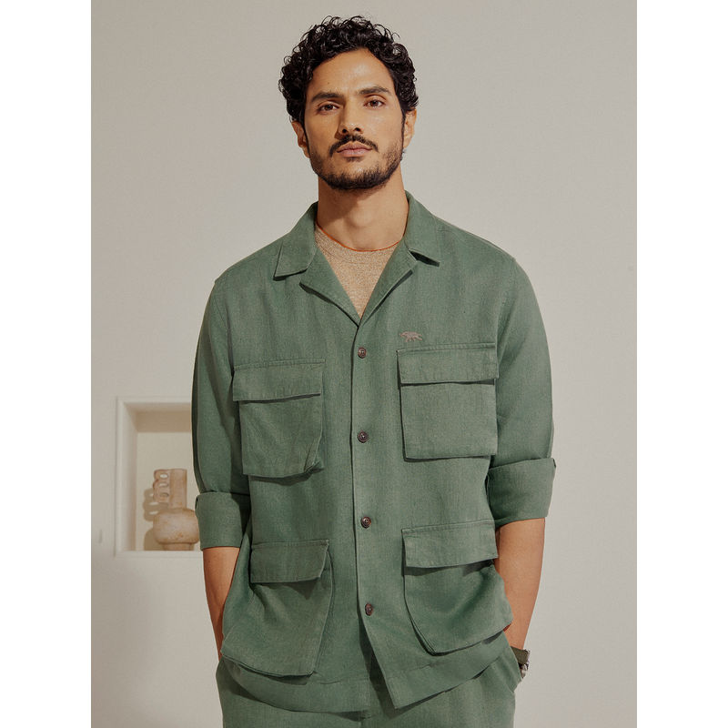 Andamen Men Green Solid Regular Fit Collar Neck Linen Bomber Jacket (S)