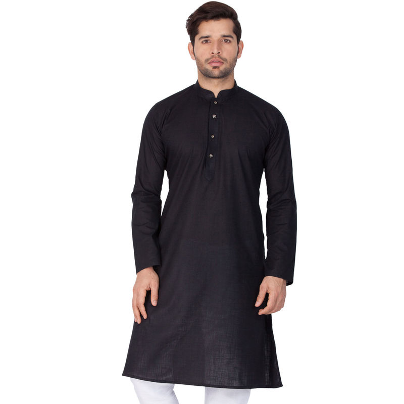 Vastramay Mens Black Cotton Linen Blend Kurta (XS)