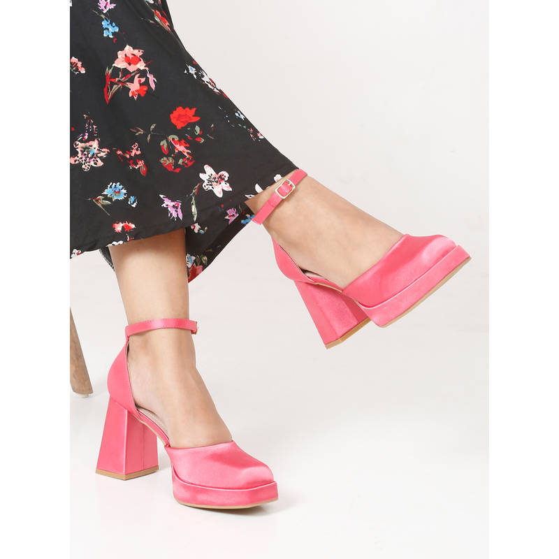 Flat n Heels Women Casual Block Heel Pumps Fushcia Pink (EURO 37)