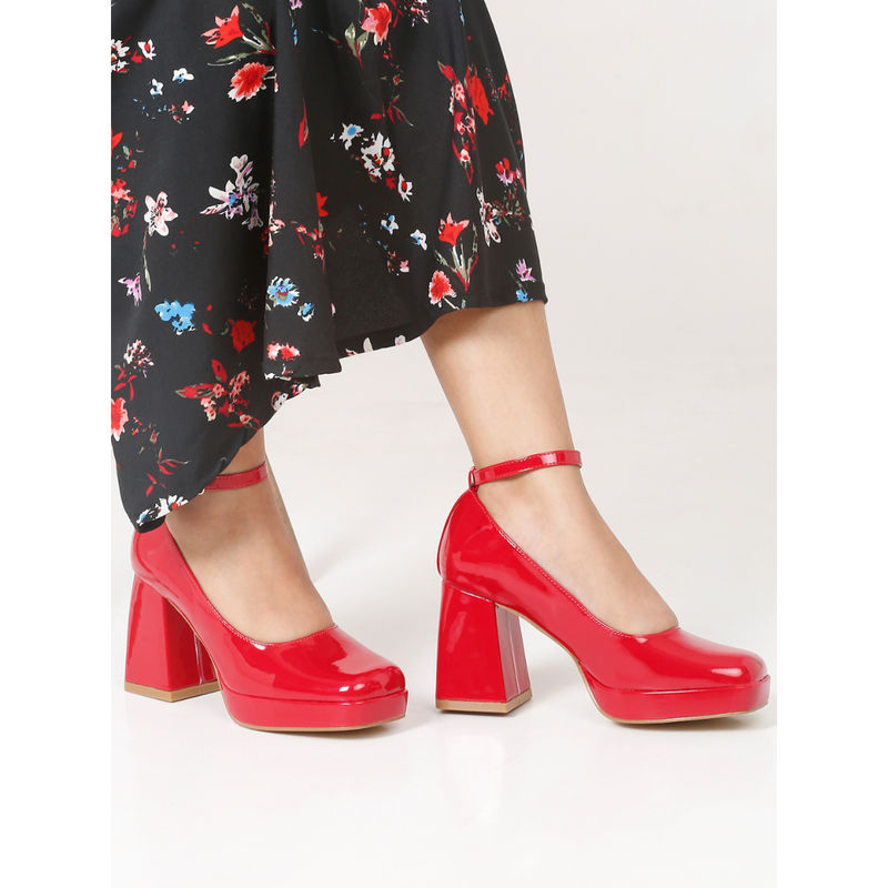 Flat n Heels Women Casual Block Heel Pumps Red (EURO 39)