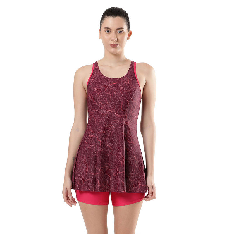 Speedo Women's Endurance Printed Racerback Swimdress With Boyleg - Deep Plum & Cherry (40)