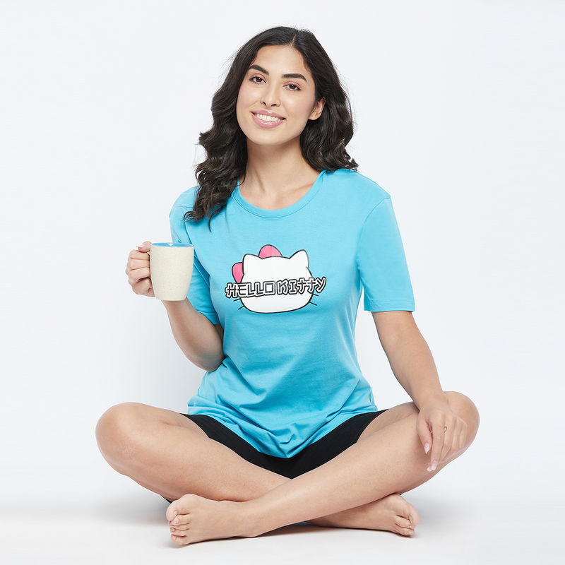 Clovia Cotton Hello Kitty Printed Short Sleeve T-shirt - Blue (S)