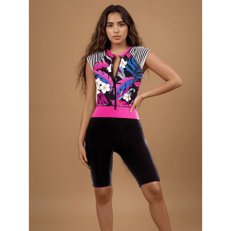 WomanLikeU Black Floral One Piece Swimwear (S)