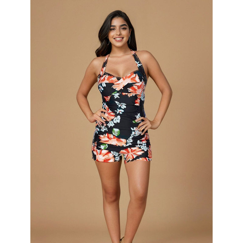 WomanLikeU Black Floral One Piece Swimwear (S)